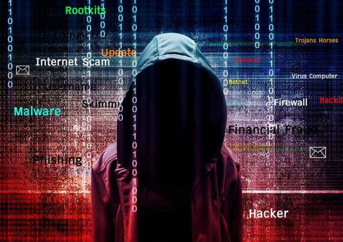 574552039 Hooded figure with cybersecurity terms and binary code background.