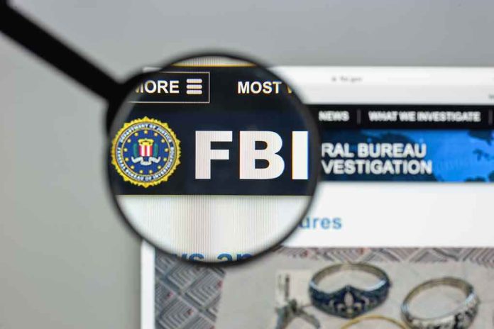 696480232 FBI website shown through magnifying glass.