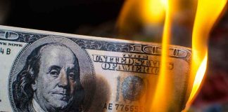 Burning hundred-dollar bill with visible flames.