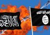 Americans Uneasy About Radical Islam Two black flags with Arabic writing, flames background.