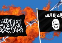 Americans Uneasy About Radical Islam Two black flags with Arabic writing, flames background.