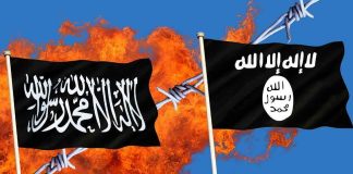 Americans Uneasy About Radical Islam Two black flags with Arabic writing, flames background.