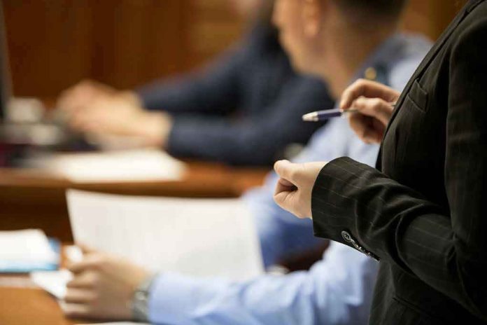 Person holding pen, speaking to seated individuals with papers.