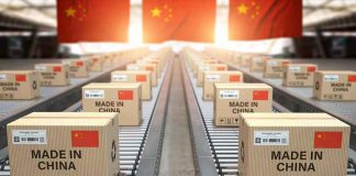 Boxes labeled Made in China on conveyor belt