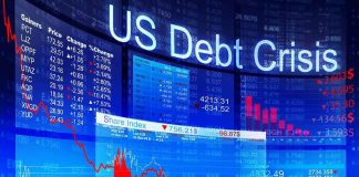 People looking at financial charts displaying US debt crisis.