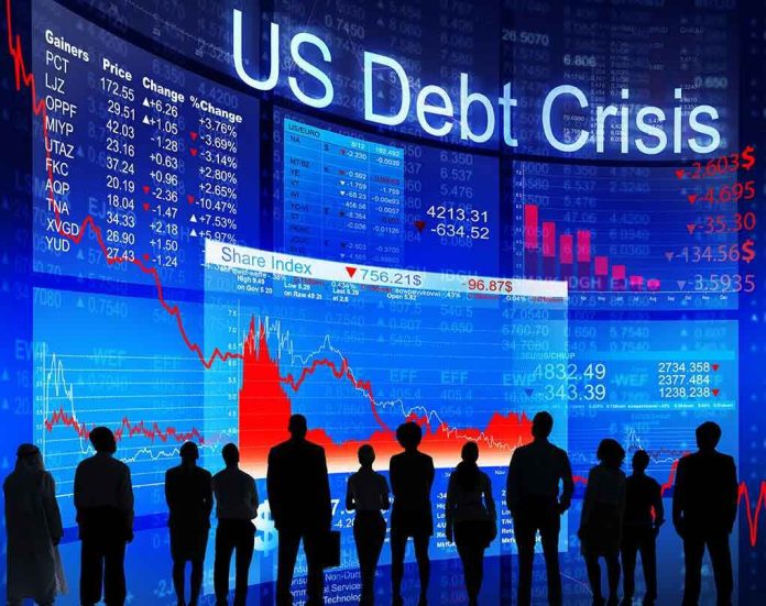 174966974 People looking at financial charts displaying US debt crisis.
