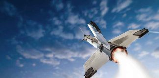 Rocket launching into the sky with clouds.