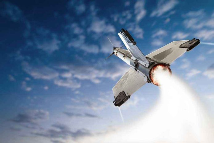 Rocket launching into the sky with clouds.