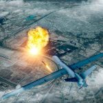 Drone launching missile with explosion on ground.