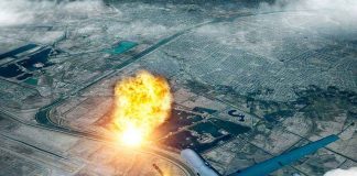 Drone launching missile with explosion on ground.