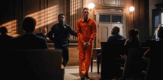 Defendant in orange jumpsuit being escorted by a police officer in a courtroom