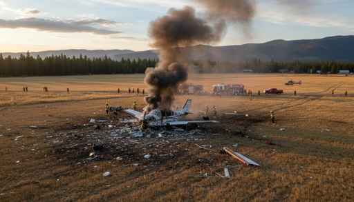 shutterstock_2716076579 A crashed airplane emitting smoke with emergency responders on site