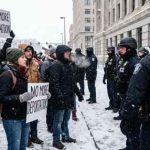 Protesters holding signs against ICE in a snowy environment