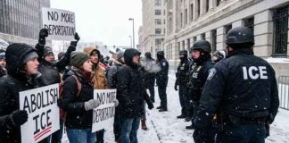 Protesters holding signs against ICE in a snowy environment