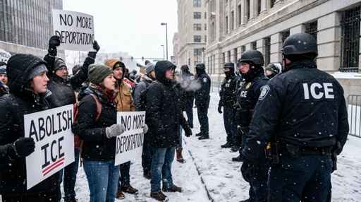 shutterstock_2723861689 Protesters holding signs against ICE in a snowy environment