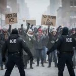 Protesters holding signs against ICE in a snowy urban setting