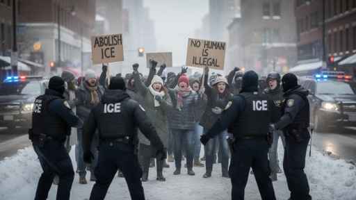 shutterstock_2723861713 Protesters holding signs against ICE in a snowy urban setting