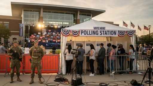 shutterstock_2766638139-1 Polling station with military personnel and voters in line