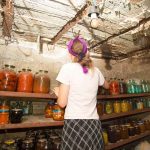 woman organizing jars on shelves in a rustic cellar