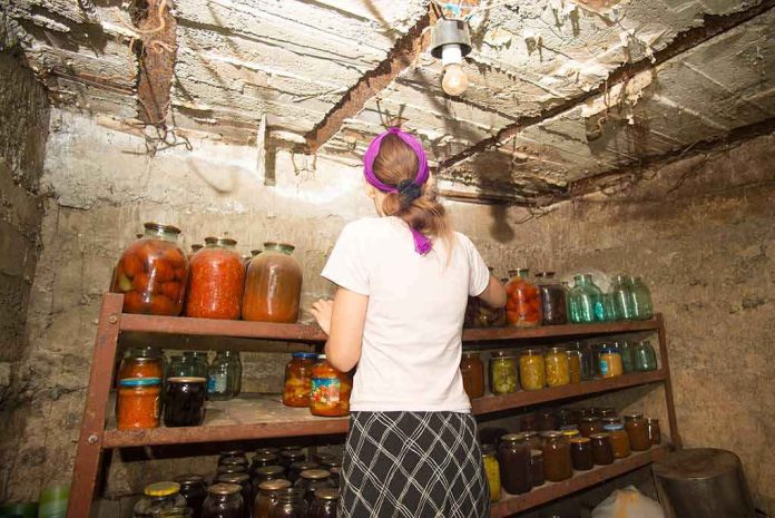 woman organizing jars on shelves in a rustic cellar