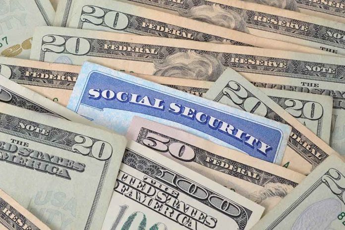 shutterstock_125374358 A social security card placed among various denominations of US currency