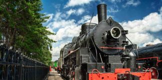 Steam locomotive on display at a railway museum