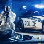 forensic investigator photographing crime scene near police car