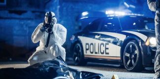 forensic investigator photographing crime scene near police car