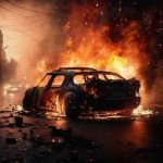 Morning Blast Shreds Quiet Jersey Block A car engulfed in flames on a deserted street at night