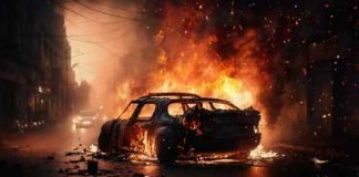 A car engulfed in flames on a deserted street at night