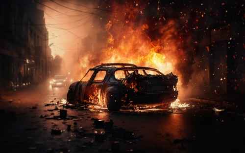 shutterstock_2276064501-1- A car engulfed in flames on a deserted street at night
