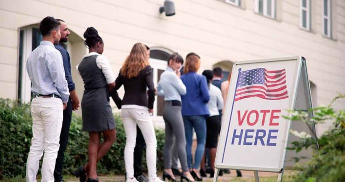 voters standing in line outside a polling place