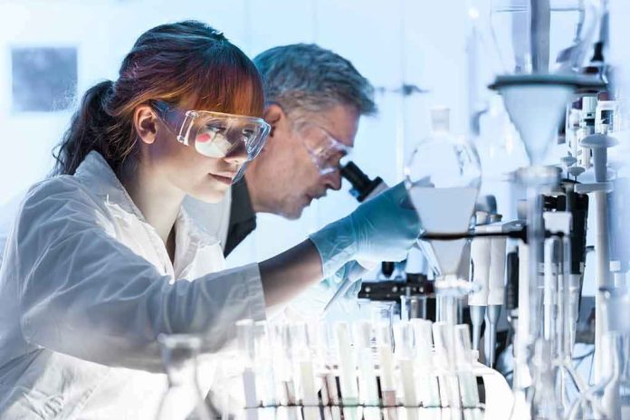 Scientists working in a laboratory with protective goggles and gloves