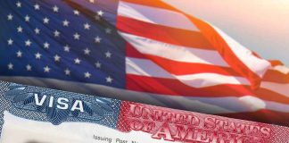 US visa document with American flag in background