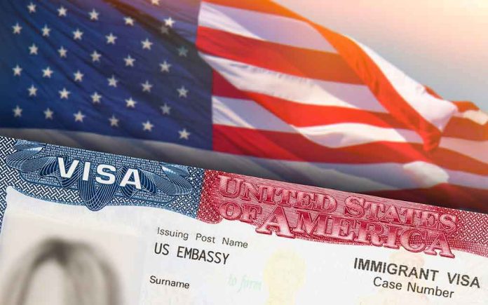 US visa document with American flag in background