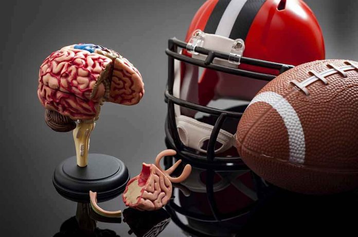 shutterstock_589325411 Brain model beside football helmet and ball