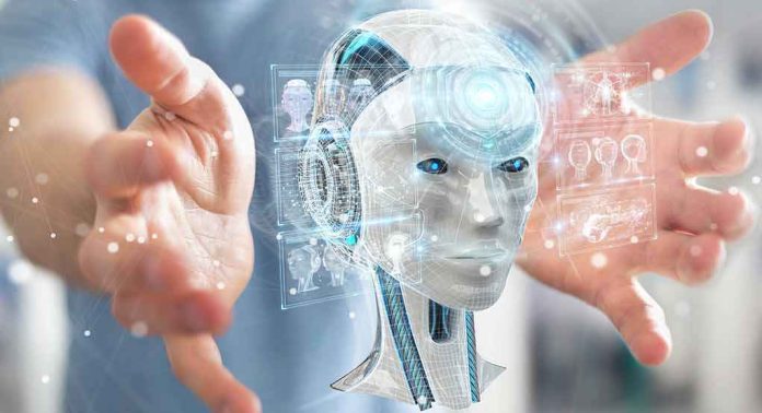 shutterstock_1040657359 robot head hologram between outstretched hands