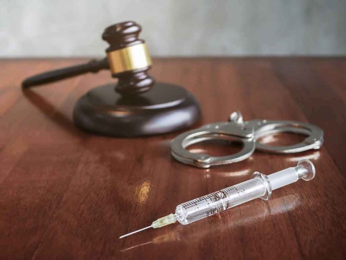 shutterstock_1126185836 Syringe beside handcuffs and a judge's gavel on a wooden table