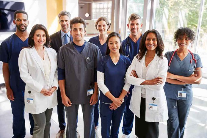 Group of healthcare professionals posing in a hospital corridor