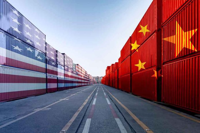 Shipping containers painted with US and China flags facing each other along a port lane