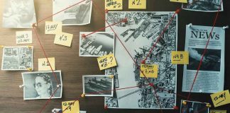 investigation board with photos, notes, and red string connections