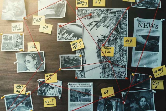 investigation board with photos, notes, and red string connections