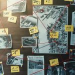 investigation board with photos, notes, and red string connections