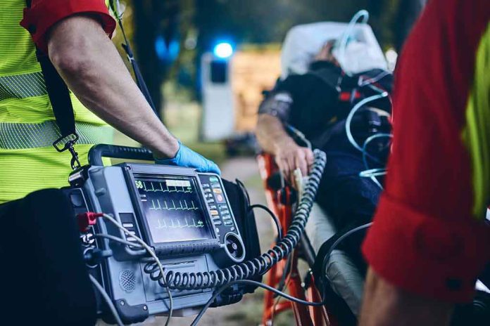 Paramedic with defibrillator beside patient on stretcher