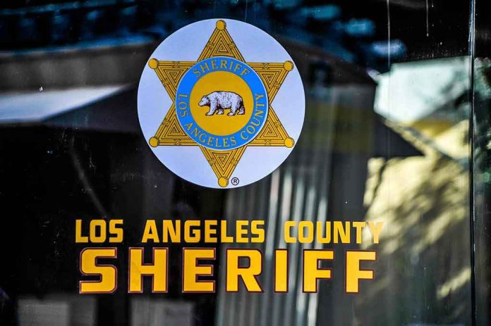shutterstock_1663178266-1 Los Angeles County Sheriff emblem on a glass door