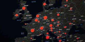 Map of Europe with red data circles highlighting cities