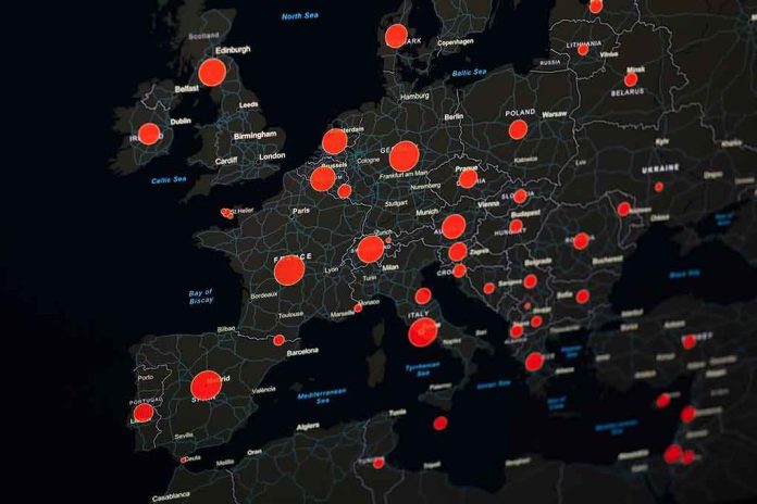 Map of Europe with red data circles highlighting cities