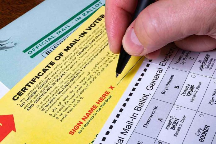 shutterstock_1844646163 Hand signing a mail-in ballot certificate with pen