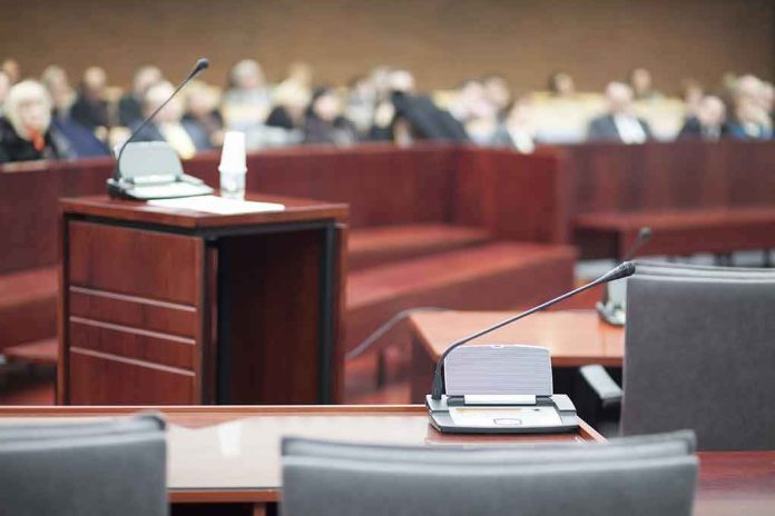 shutterstock_184839455 Courtroom with empty witness stand and microphones