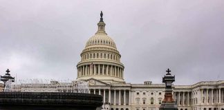 United States Capitol building with dome and fountain in foreground